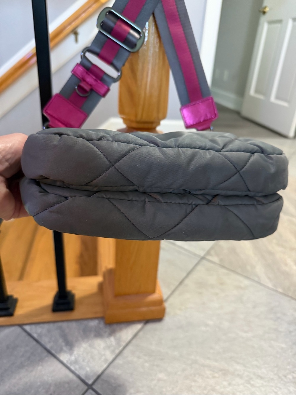 MZ Wallace Quilted Crossbody in Charcoal with Pink Strap - Picture 3 of 6